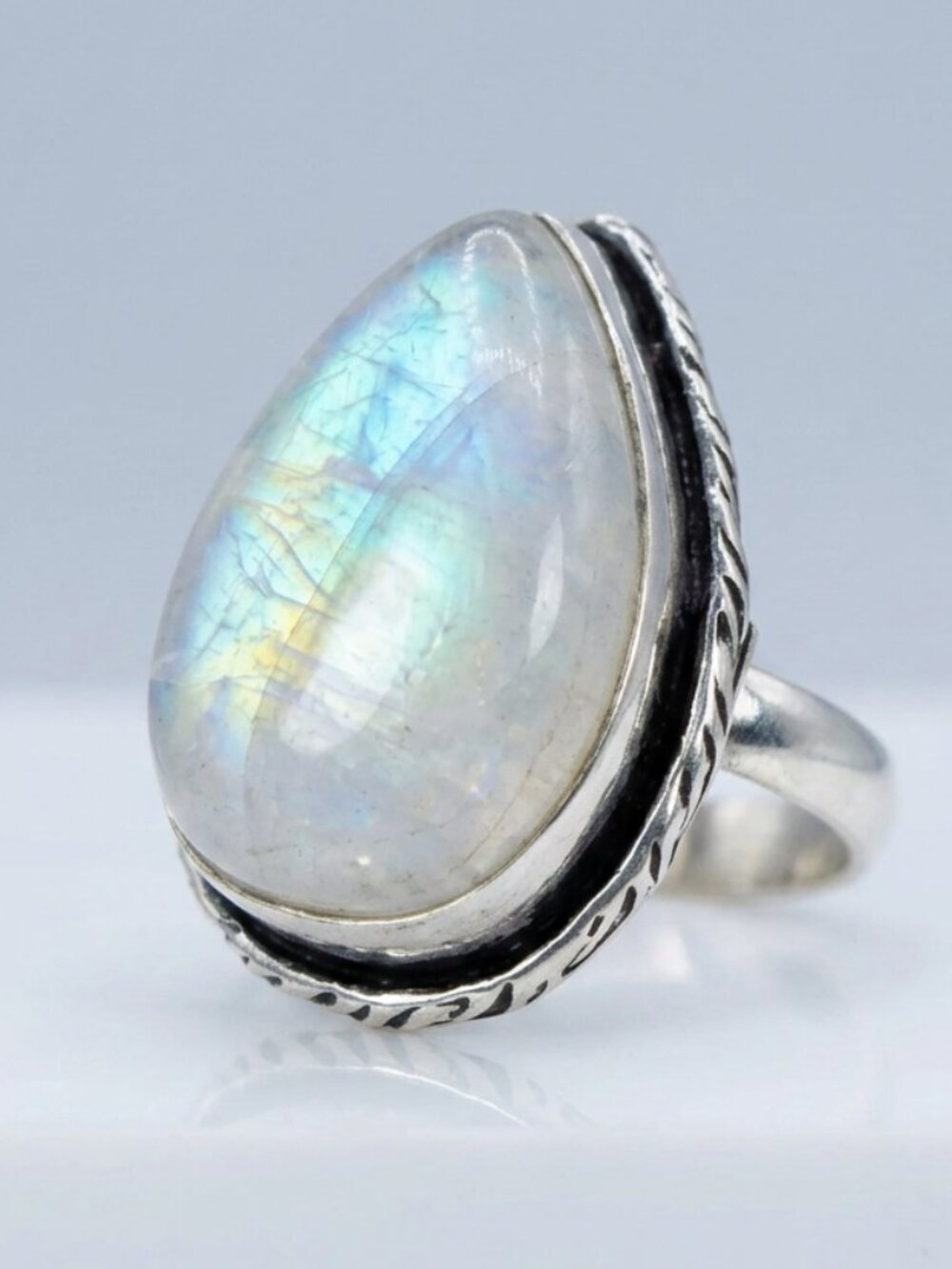 Moonstone Adjustable Ring Blue Flash OOAK Natural Gemstone